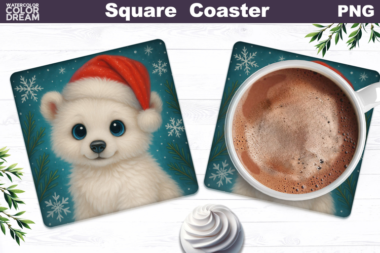 Christmas Animal Square Coaster | White Bear Santa Hat