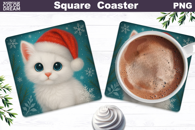 Christmas Animal Square Coaster | Kitty Santa Hat