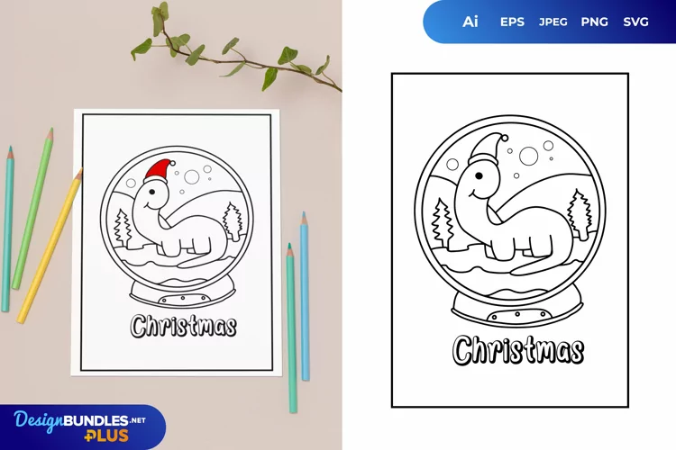 Dinosaur Wearing Santa Hat in The Crystal Ball Coloring Page