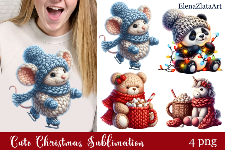 Crochet Yarn Christmas PNG, Cute animals Christmas PNG
