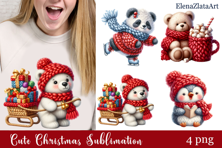 Crochet Yarn Christmas PNG, Cute animals Christmas PNG