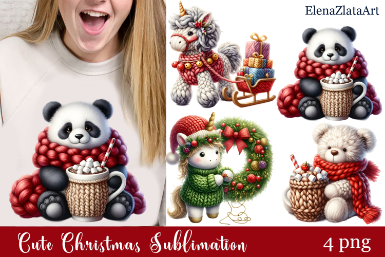 Crochet Yarn Christmas PNG, Cute animals Christmas PNG