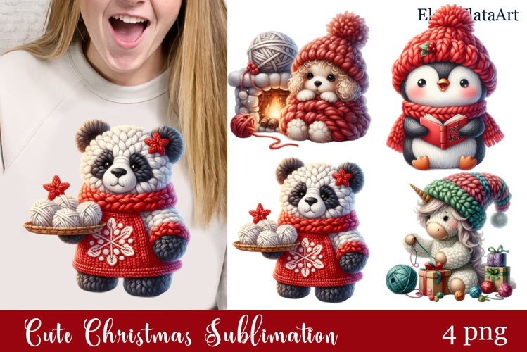 Crochet Yarn Christmas PNG, Cute animals Christmas PNG