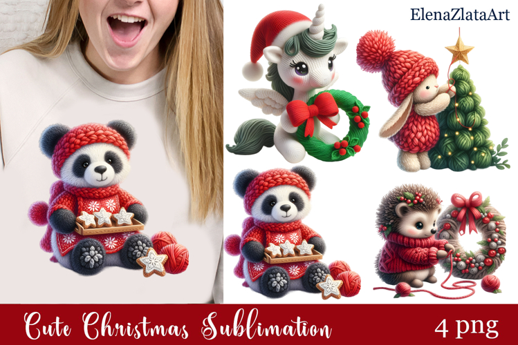 Crochet Yarn Christmas PNG, Cute animals Christmas PNG