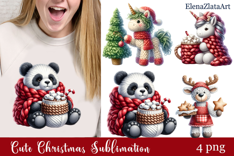 Crochet Yarn Christmas PNG, Cute animals Christmas PNG