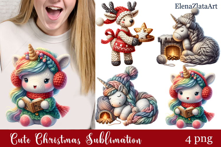 Crochet Yarn Christmas PNG, Cute animals Christmas PNG