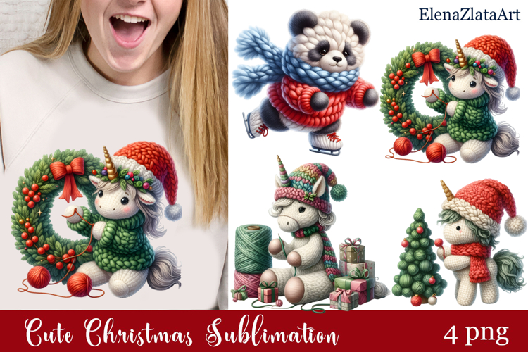Crochet Yarn Christmas PNG, Cute animals Christmas PNG