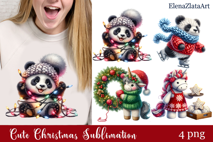Crochet Yarn Christmas PNG, Cute animals Christmas PNG