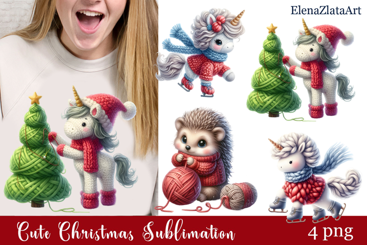 Crochet Yarn Christmas PNG, Cute animals Christmas PNG