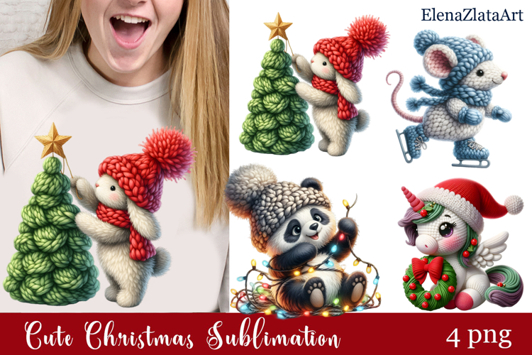Crochet Yarn Christmas PNG, Cute animals Christmas PNG