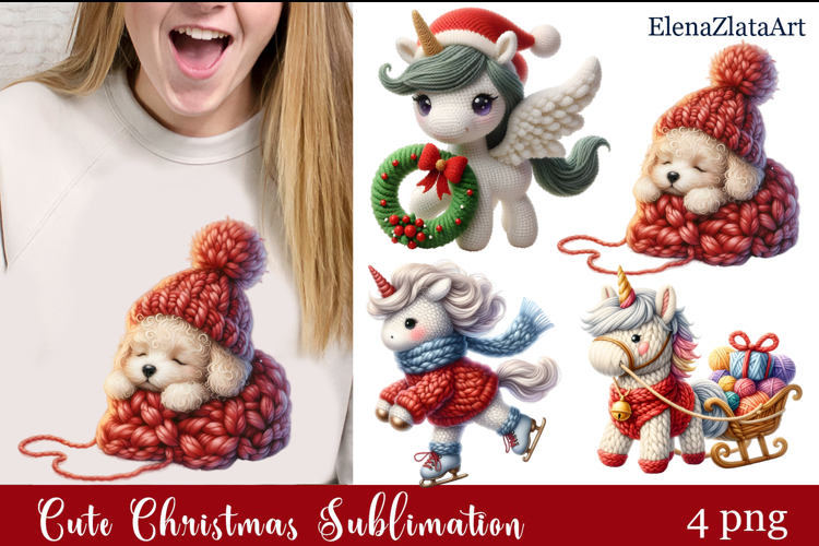 Crochet Yarn Christmas PNG, Cute animals Christmas PNG
