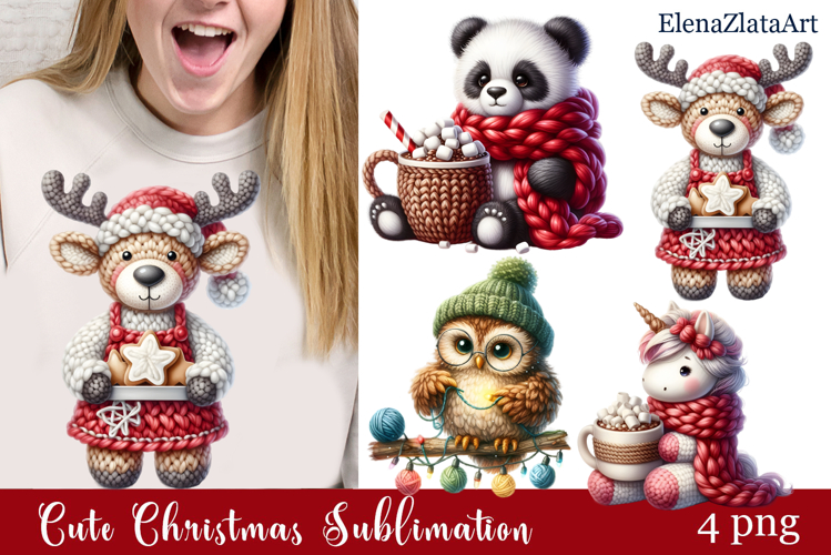 Crochet Yarn Christmas PNG, Cute animals Christmas PNG