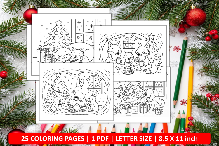 Cute animals Christmas family coloring page