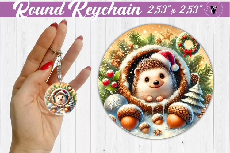 Round Keychain | Hedgehog | Christmas