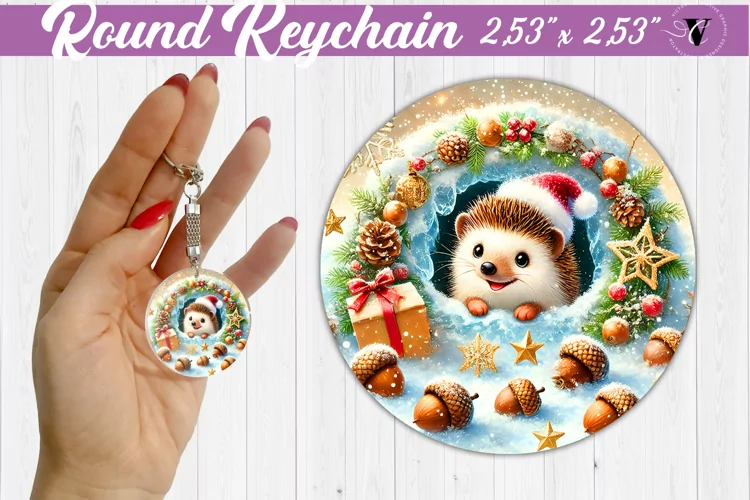 Round Keychain | Hedgehog | Christmas