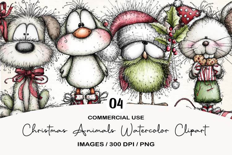 Christmas Animals Watercolor Clipart