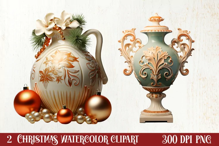 Christmas Antique Vases Clipart, Christmas Clipart
