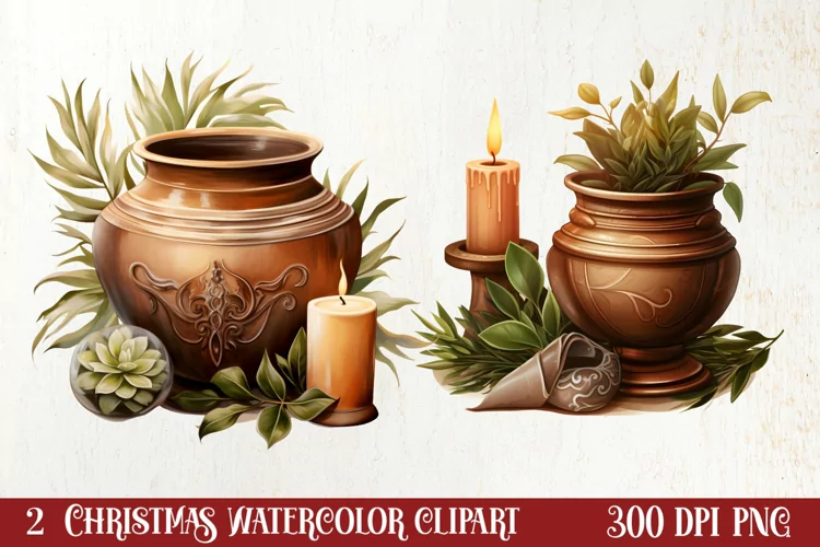 Christmas Antique Vases Clipart, Christmas Clipart