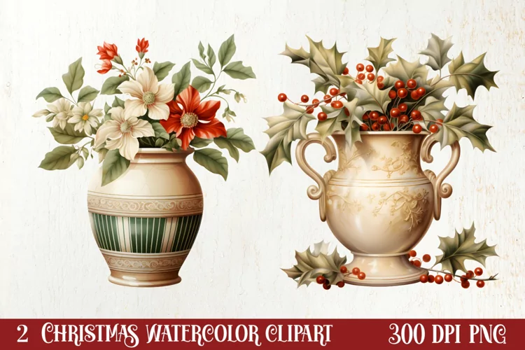 Christmas Antique Vases Clipart, Christmas Clipart