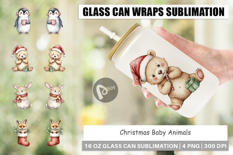 Glass Can Christmas Baby Animals