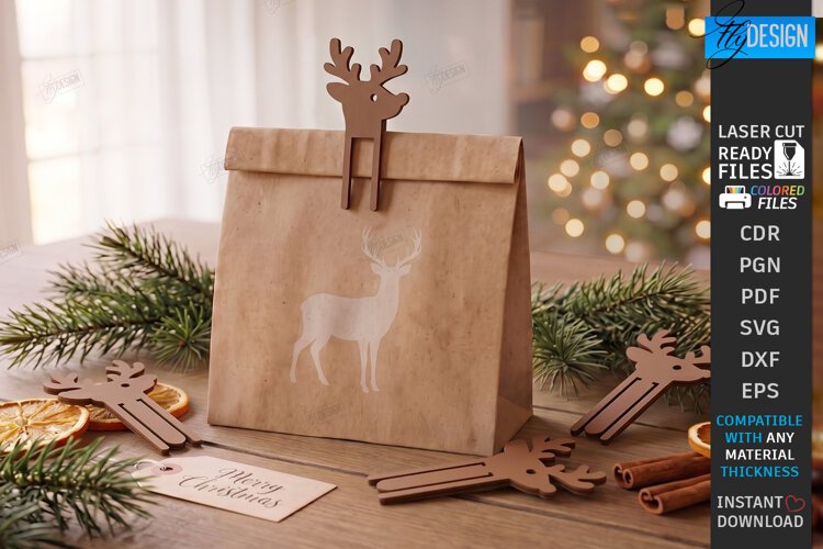 Christmas Deer Bag Clips Laser Cut | Holiday Gift Bag Clip example image 1