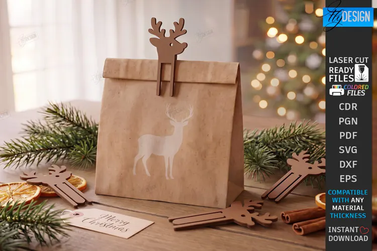 Christmas Deer Bag Clips Laser Cut | Holiday Gift Bag Clip