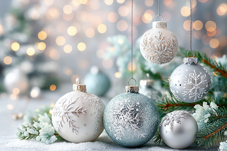 Cozy Christmas balls with glowing lights. High quality photo