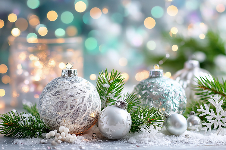Cozy Christmas balls with glowing lights. High quality photo