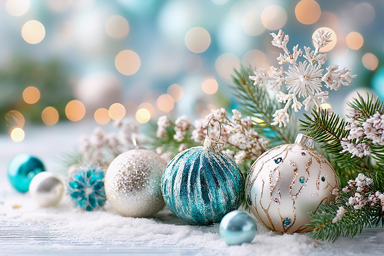 Cozy Christmas balls with glowing lights. High quality photo