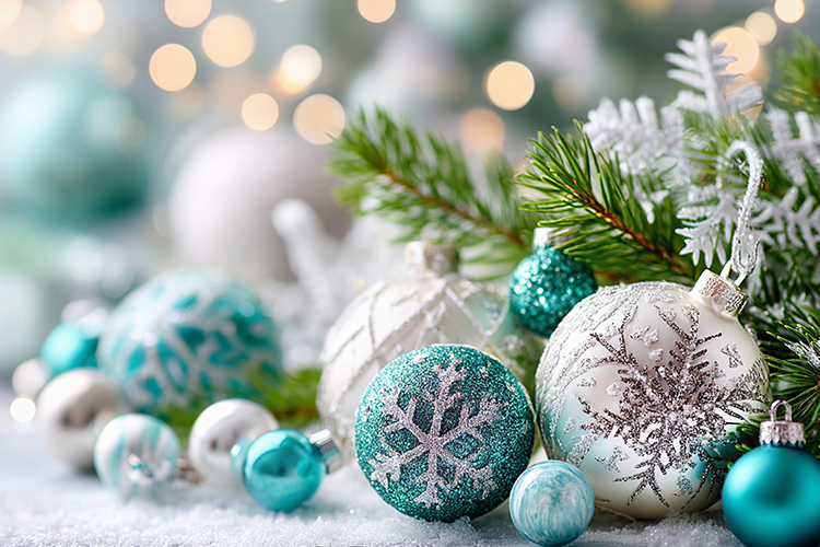 Cozy Christmas balls with glowing lights. High quality photo