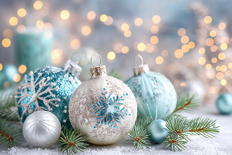 Cozy Christmas balls with glowing lights. High quality photo