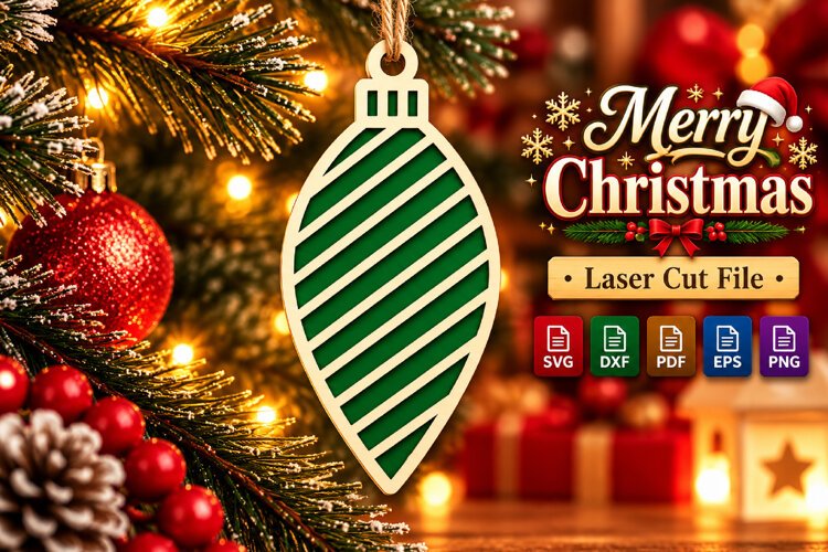 Christmas Bauble SVG, Green Stripe Laser Cut Ornament Design example image 1