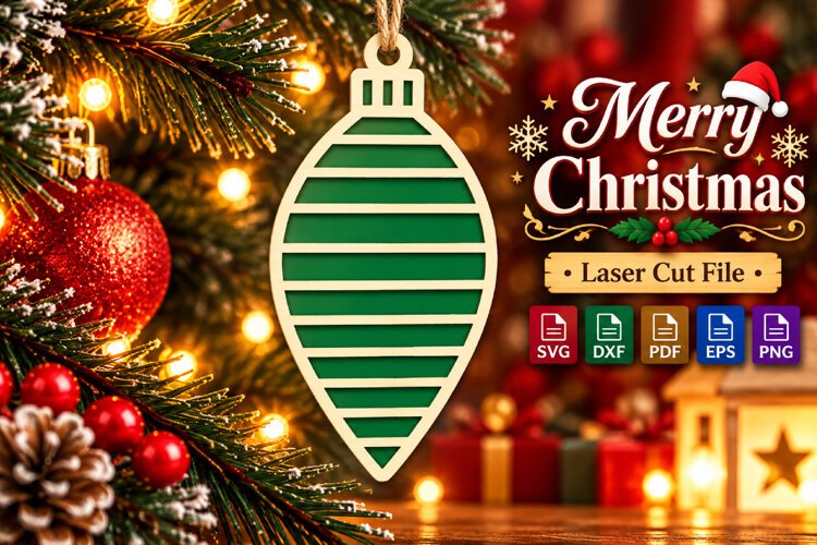 Christmas Bauble SVG, Green Stripes Laser Cut Design File example image 1