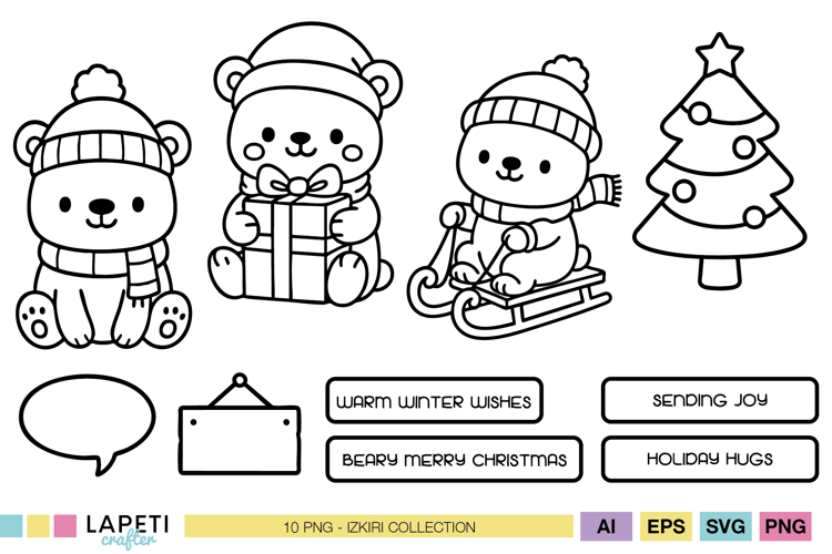 Christmas Bear Digital Stamps, Cute Winter Outline Art