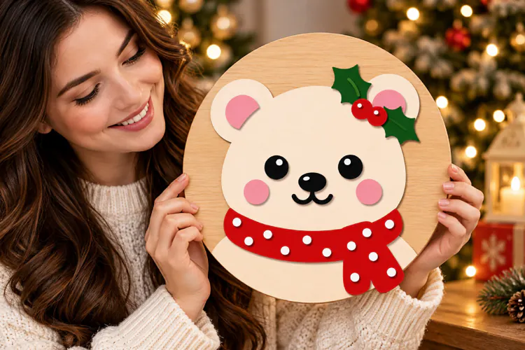 Christmas Bear Door Hanger SVG, Laser Cut Wood Sign SVG
