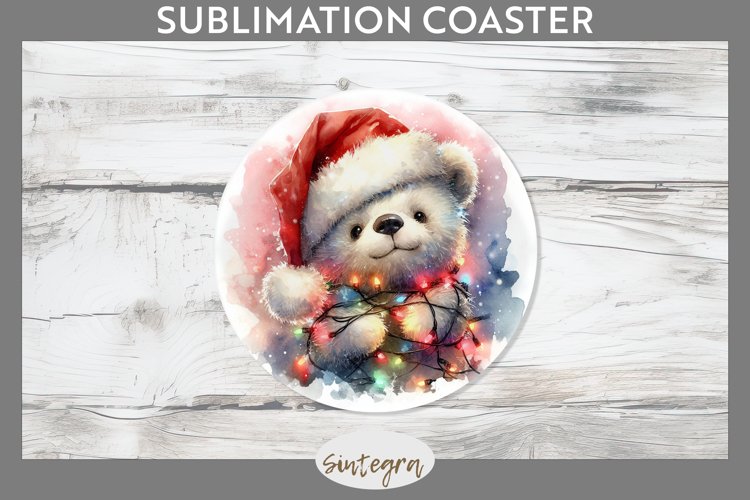 Christmas Bear Entangled in Lights Round Coaster Sublimation example image 1