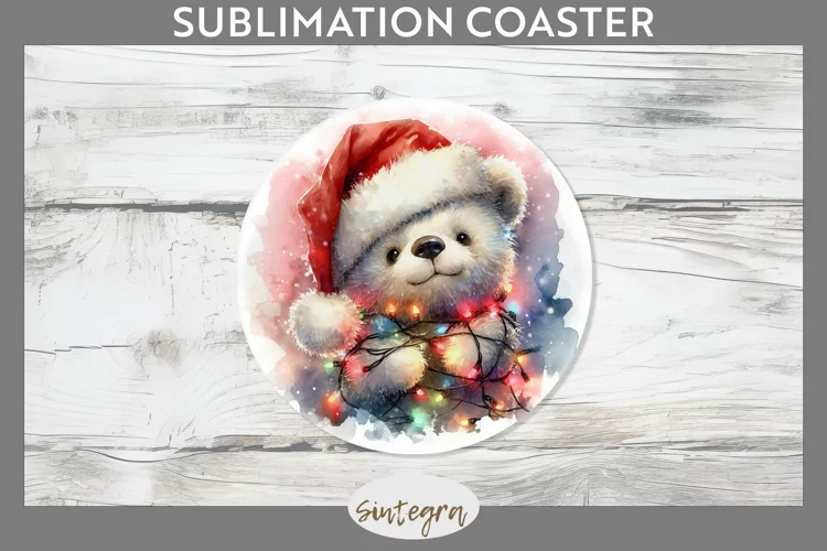 Christmas Bear Entangled in Lights Round Coaster Sublimation