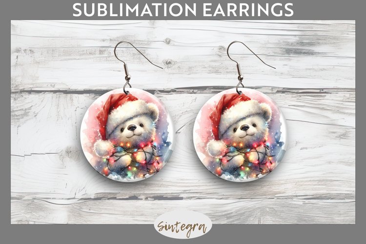 Christmas Bear Entangled in Lights Round Earrings Sublimatio
