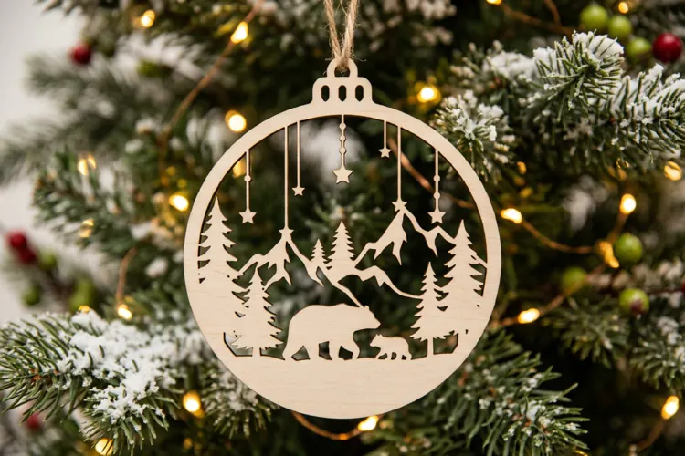 Christmas Bear Mountain SVG, Holiday Laser Cut Design File
