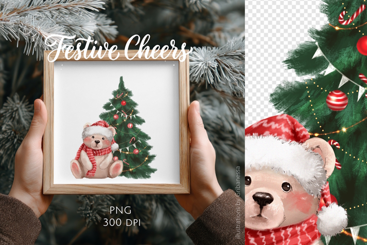 Hand-Drawn Christmas Bear Pine Tree Clipart