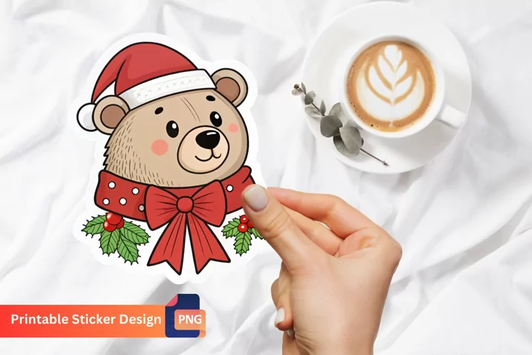 Christmas Bear Sticker, Cute Winter Bear, Christmas Animal