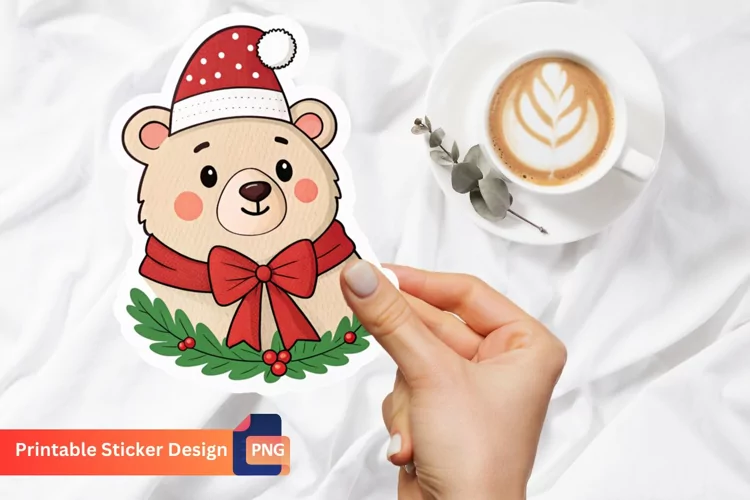 Christmas Bear Sticker, Cute Winter Bear, Christmas Animal
