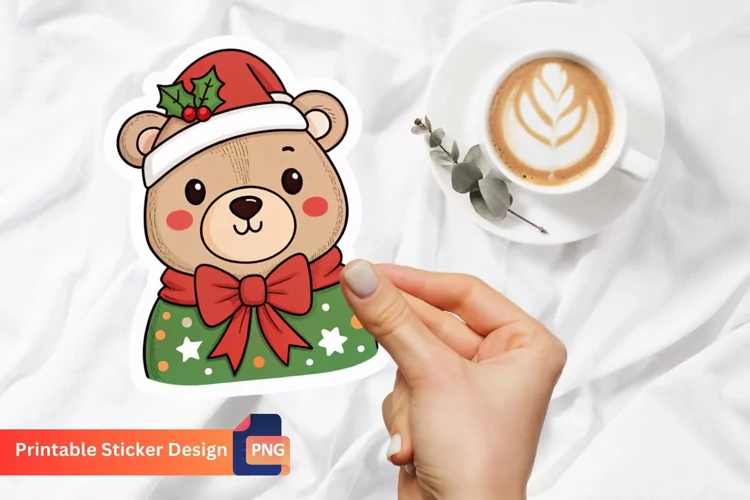 Christmas Bear Sticker, Cute Winter Bear, Christmas Animal