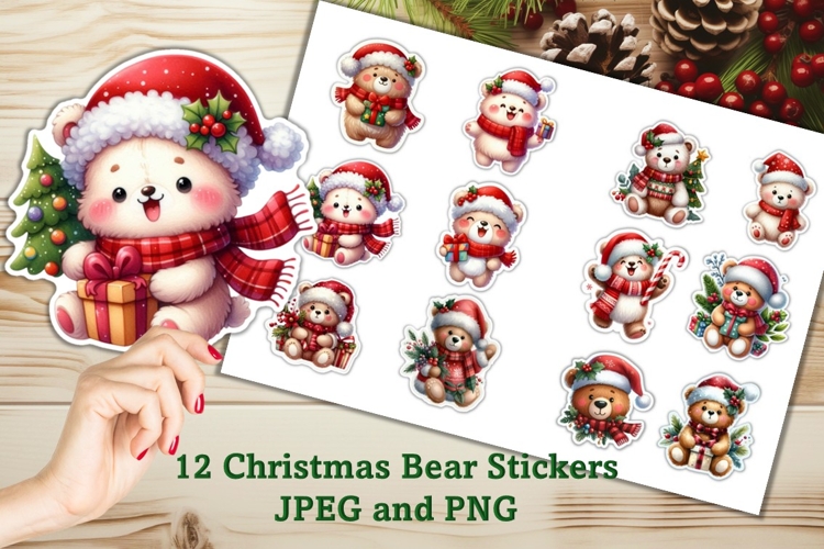 12 Christmas Bear Stickers JPEG and PNGs