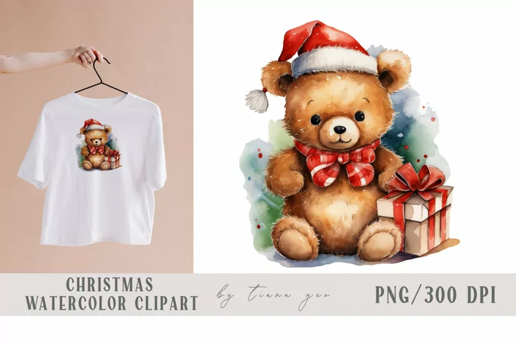 Cute watercolor Christmas baby bear clipart- 1 png file