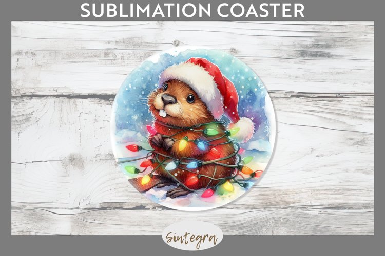 Christmas Beaver Entangled in Lights Round Coaster Sublimati example image 1