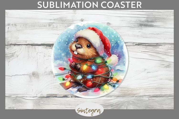 Christmas Beaver Entangled in Lights Round Coaster Sublimati