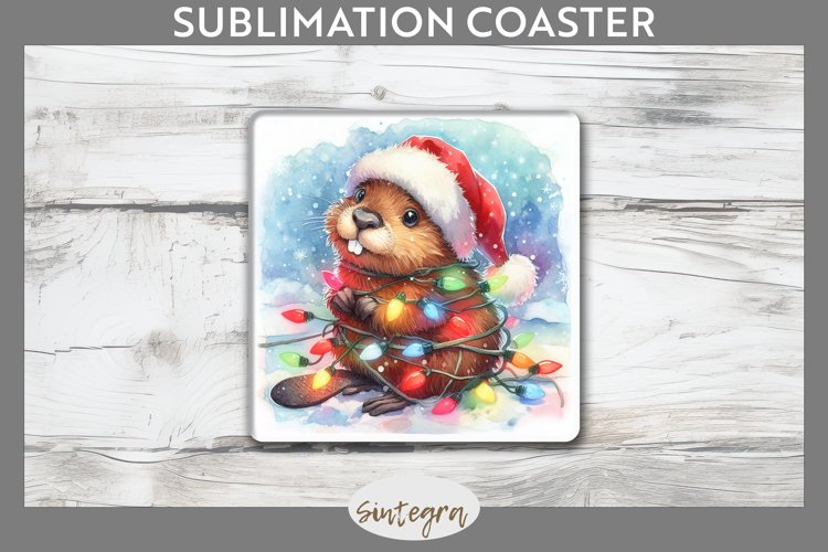 Christmas Beaver Entangled in Lights Square Coaster Sublimat example image 1