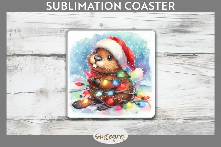 Christmas Beaver Entangled in Lights Square Coaster Sublimat