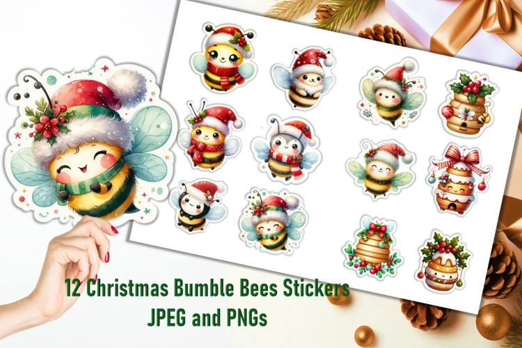 12 Christmas Bumble Bee Stickers JPEG and PNGs